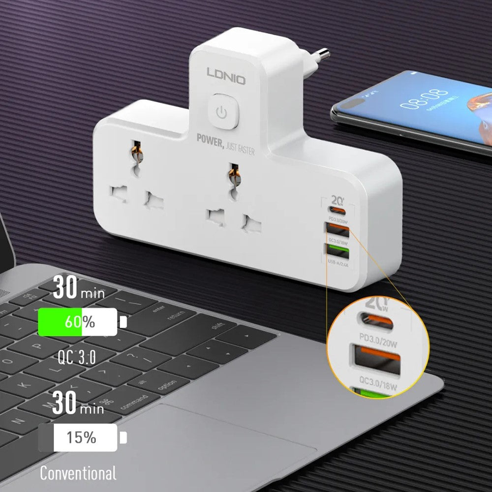 LDNIO SC2311 20W Fast Charging Power Strip 2 AC Outlets 3 USB Ports Wall Plug Power Socket with LED Night Light