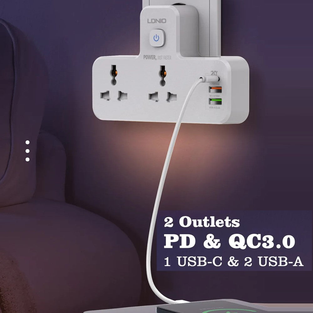 LDNIO SC2311 20W Fast Charging Power Strip 2 AC Outlets 3 USB Ports Wall Plug Power Socket with LED Night Light
