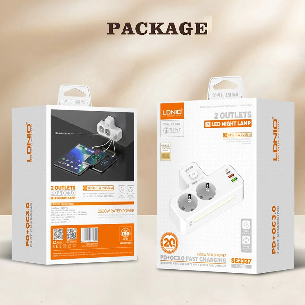 LDNIO SE2337 20W PD Fast Charging Power Strip 2 AC Outlets 3 USB Ports Wall Plug Design Charging Station Power Socket with Night Light