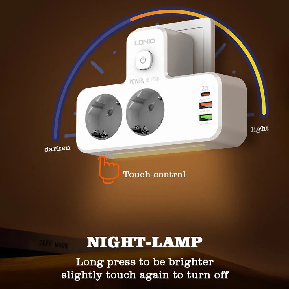 LDNIO SE2337 20W PD Fast Charging Power Strip 2 AC Outlets 3 USB Ports Wall Plug Design Charging Station Power Socket with Night Light