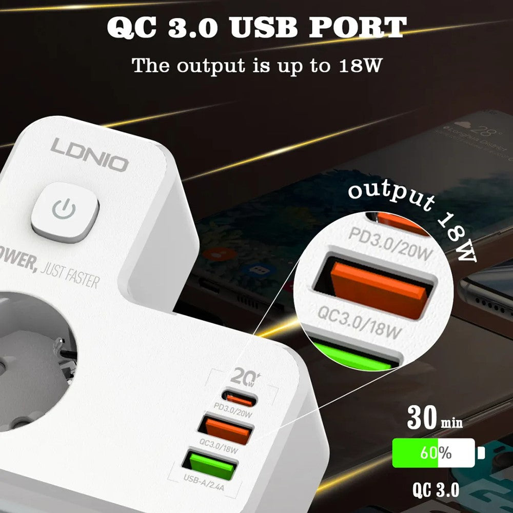 LDNIO SE2337 20W PD Fast Charging Power Strip 2 AC Outlets 3 USB Ports Wall Plug Design Charging Station Power Socket with Night Light