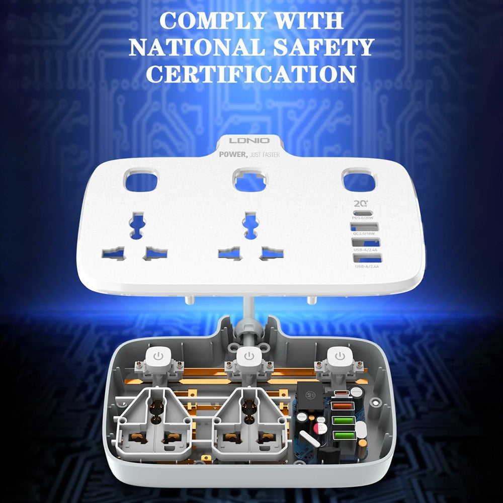 LDNIO SC2413 20W Power Strip 2500W 2 AC Outlets 4 USB Ports PD Fast Charging Extension Power Socket