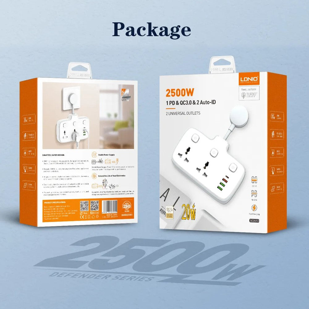 LDNIO SC2413 20W Power Strip 2500W 2 AC Outlets 4 USB Ports PD Fast Charging Extension Power Socket