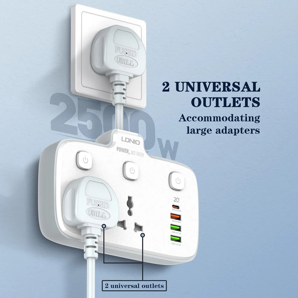 LDNIO SC2413 20W Power Strip 2500W 2 AC Outlets 4 USB Ports PD Fast Charging Extension Power Socket