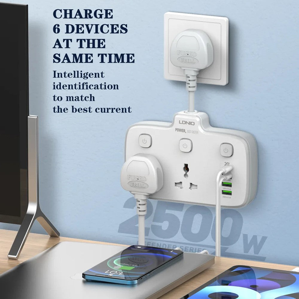 LDNIO SC2413 20W Power Strip 2500W 2 AC Outlets 4 USB Ports PD Fast Charging Extension Power Socket