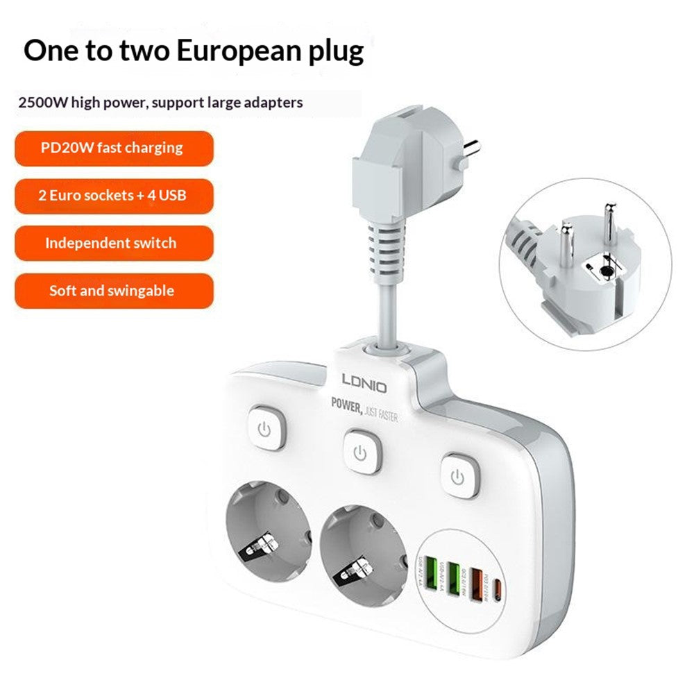LDNIO SE2435 20W PD Fast Charging Power Strip 2 AC Outlets 4 USB Ports Independent Switch Desktop Adapter