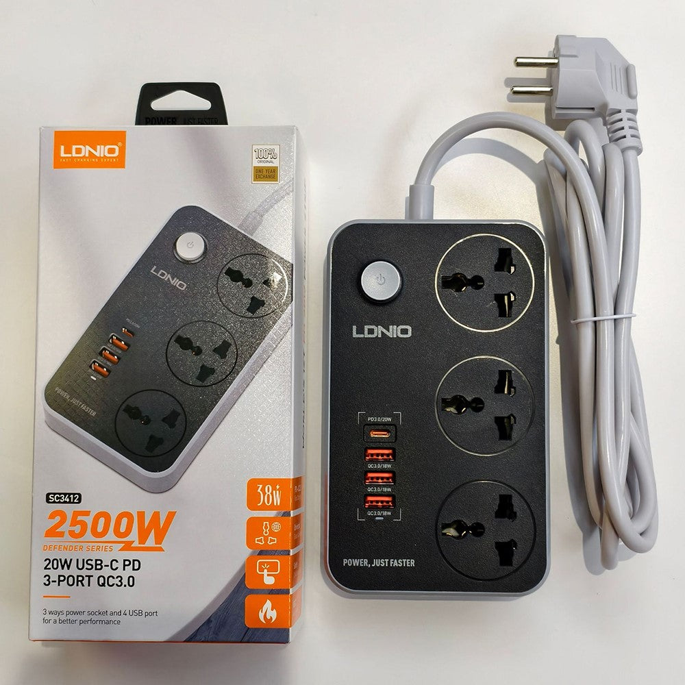 LDNIO SC3412 20W Power Strip 3 AC Outlets 4 USB Ports PD Fast Charging Station Power pocket with 2m Cable