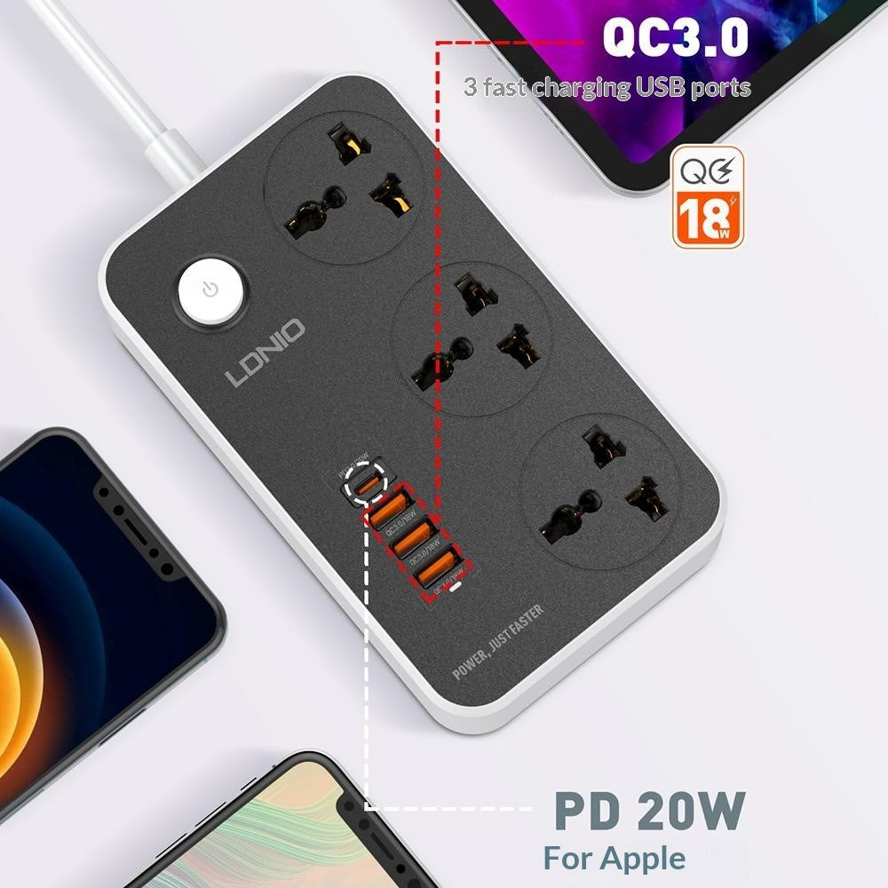 LDNIO SC3412 20W Power Strip 3 AC Outlets 4 USB Ports PD Fast Charging Station Power pocket with 2m Cable