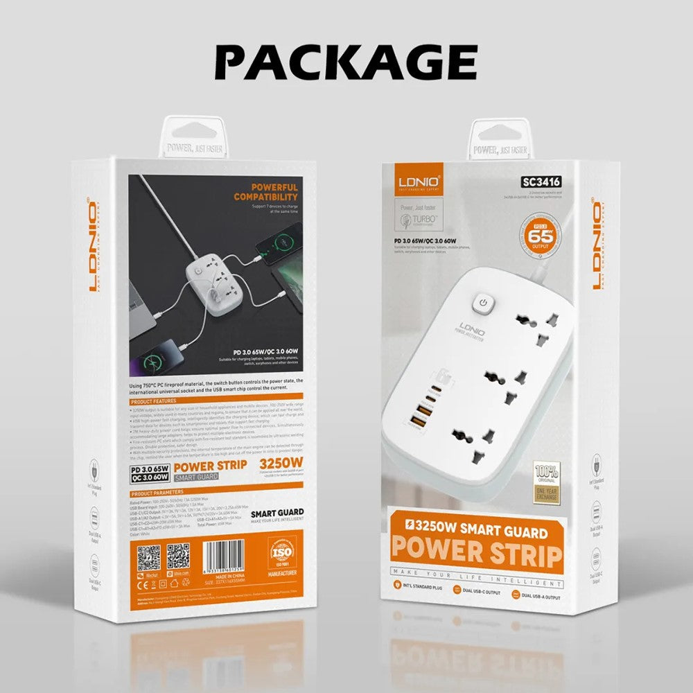 LDNIO SC3416 65W GaN Fast Charging Power Strip 3 AC Outlets 4 USB Ports Desktop Multi Device Charger Power Socket