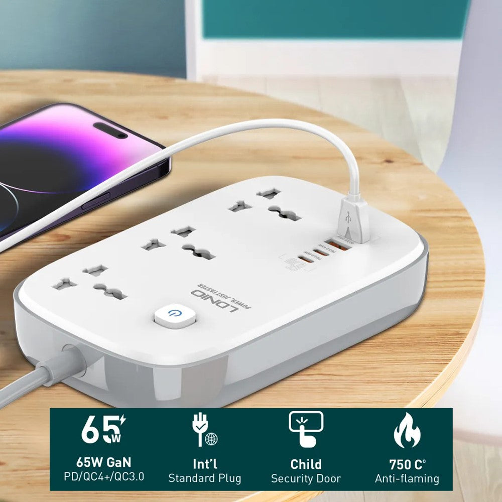LDNIO SC3416 65W GaN Fast Charging Power Strip 3 AC Outlets 4 USB Ports Desktop Multi Device Charger Power Socket