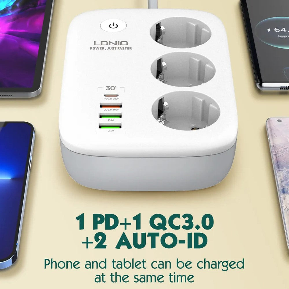 LDNIO SEW3452 WiFi Smart Power Strip 30W PD Hurtigopladning 3 EU-stik AC-udtag 4 USB-porte Fjernstyret Stikdåse