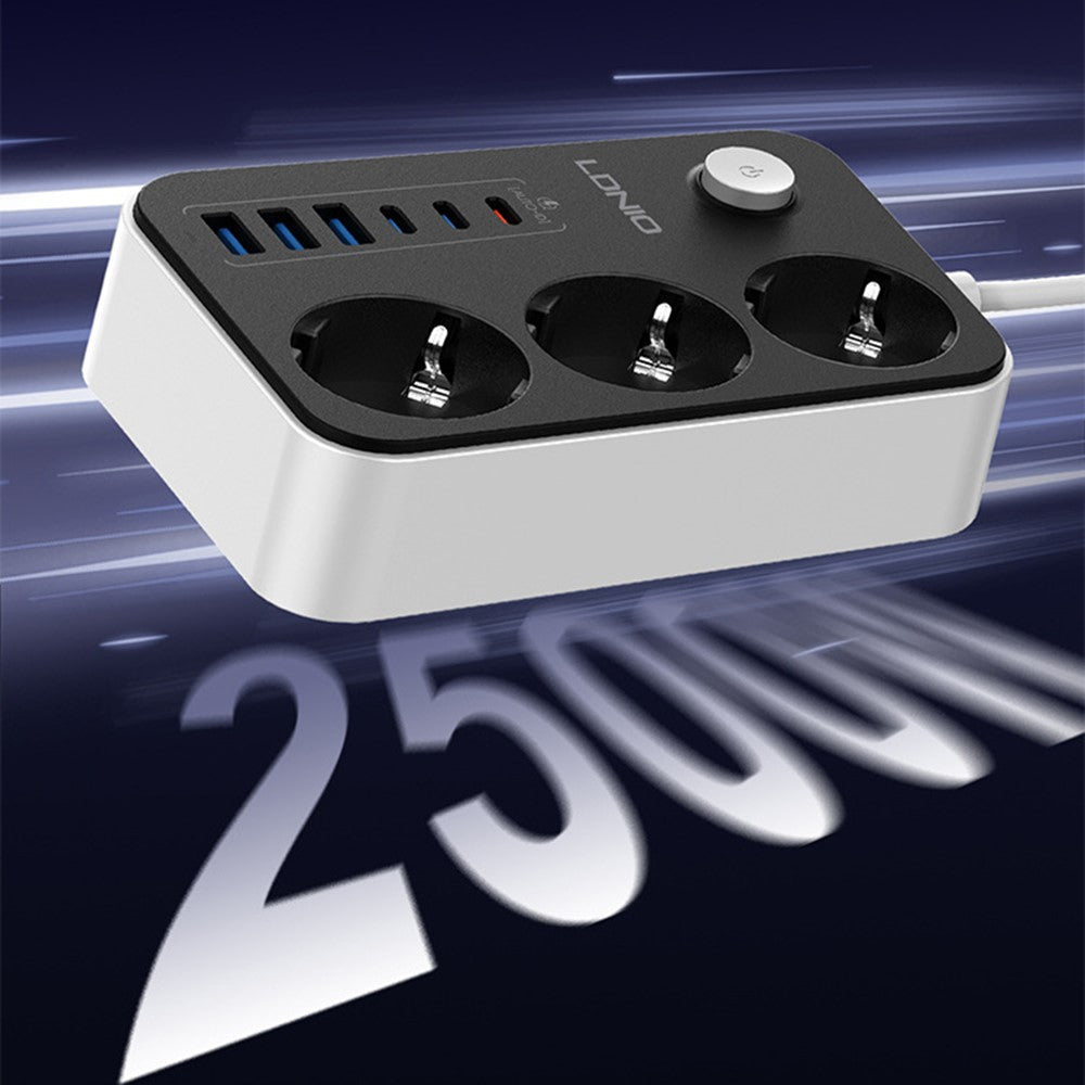 LDNIO SE3631C 20W Fast Charging Power Strip 3 EU Plug AC Outlets 6 USB Ports Power Socket with 2m Cable