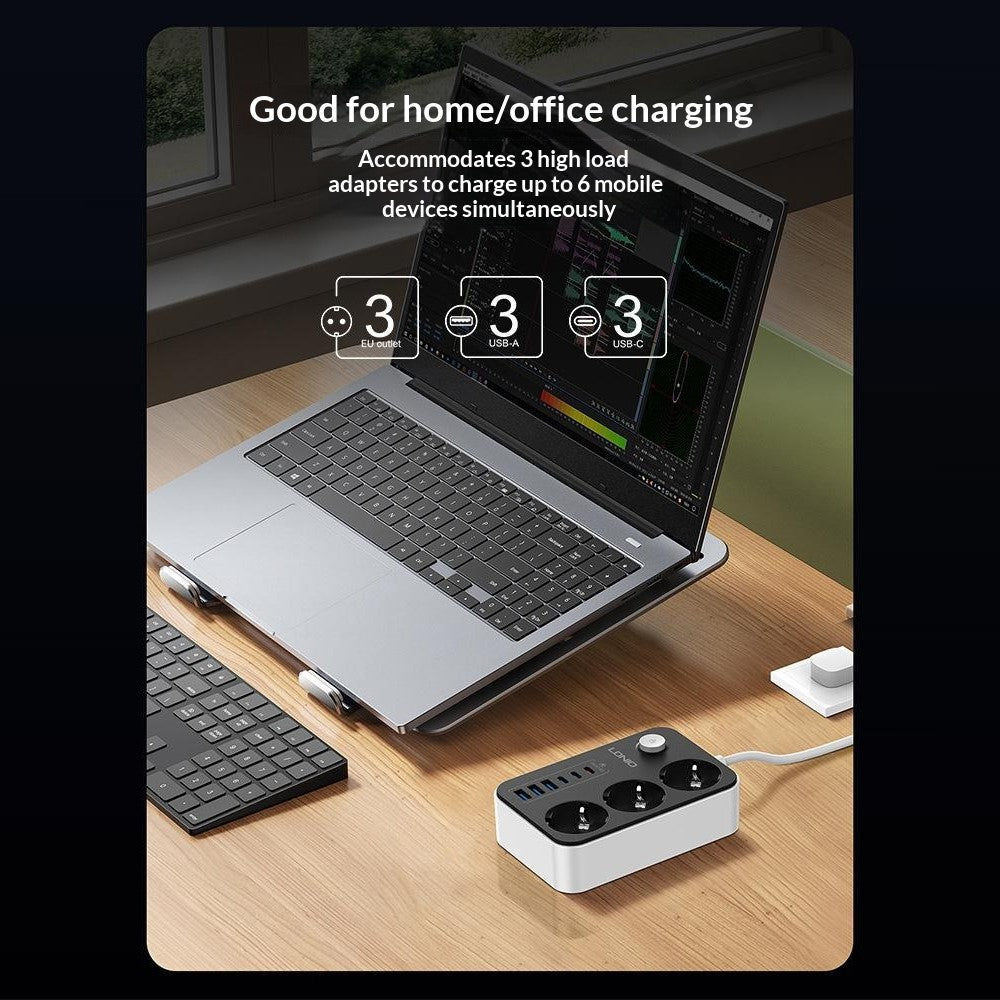 LDNIO SE3631C 20W Fast Charging Power Strip 3 EU Plug AC Outlets 6 USB Ports Power Socket with 2m Cable