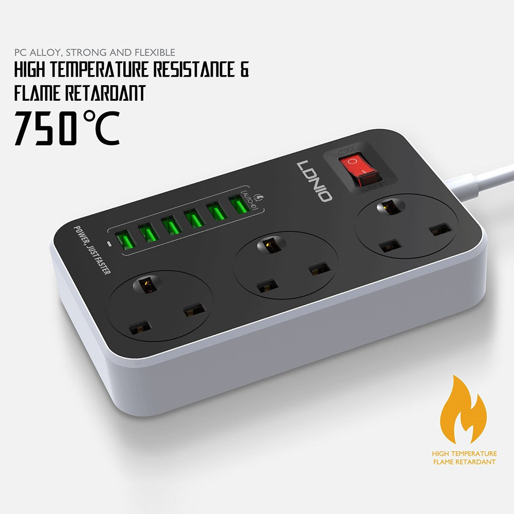 LDNIO SK3662 20W Fast Charging Power Strip 3 AC Outlets 6 USB Ports Power Socket with 2m Cable