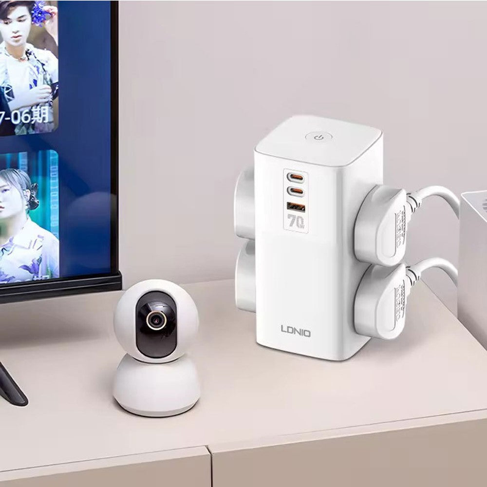 LDNIO SK4396 70W PD Fast Charging Tower Design Power Strip 4 UK Plug AC Outlets 3 USB Ports Desktop Multi-Device Charging Station Power Socket