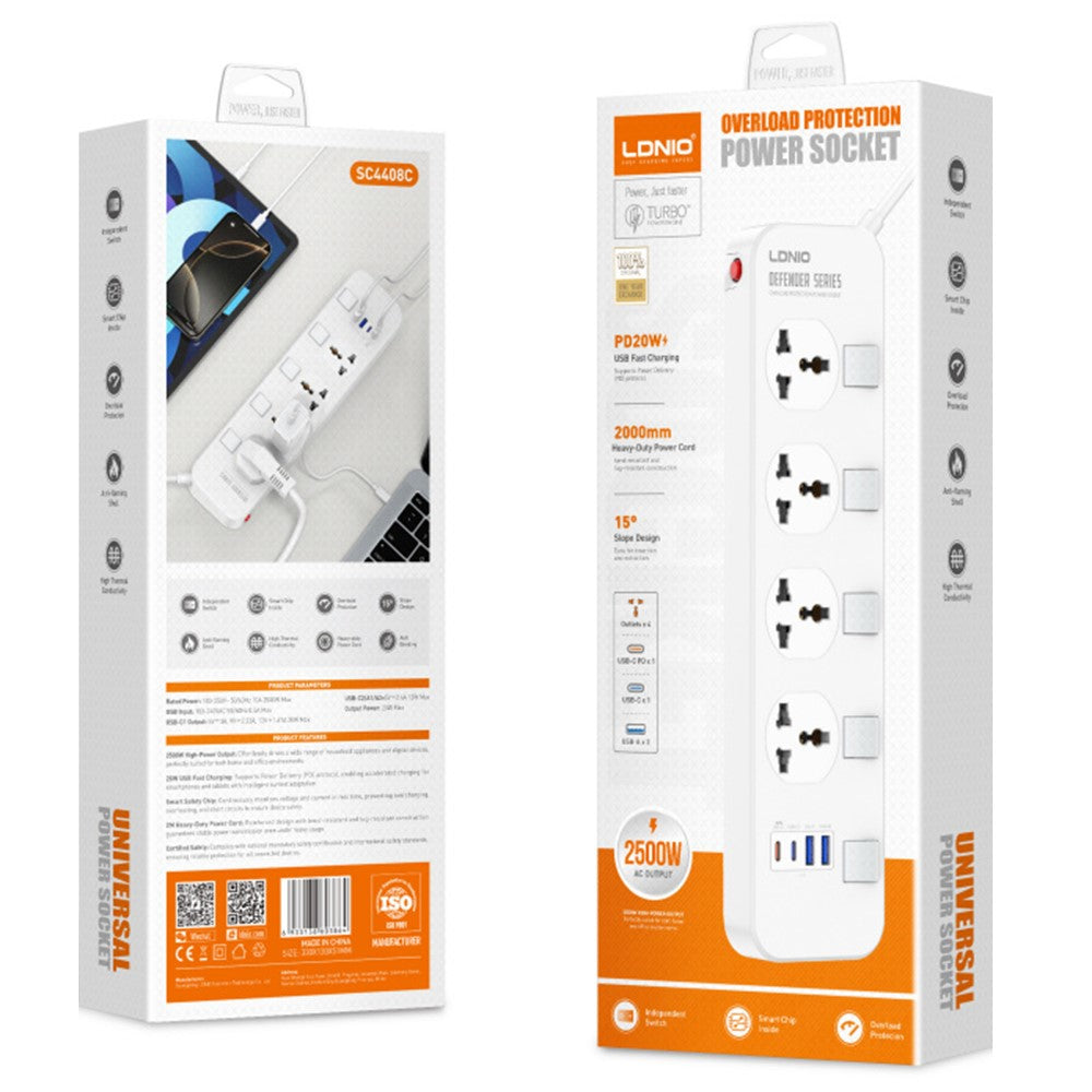 LDNIO SC4408C 20W PD Fast Charging Power Strip 4 AC Outputs 4 USB Ports 2500W Desktop Power Socket with Independent Switches 2m Cable