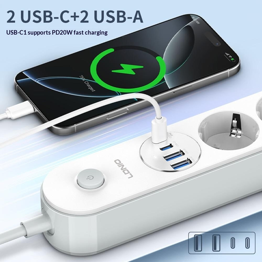 LDNIO SE1-C 20W PD Fast Charging Power Strip 4 EU Plug AC Outlets 4 USB Ports Extension Power Socket for Office Desktop