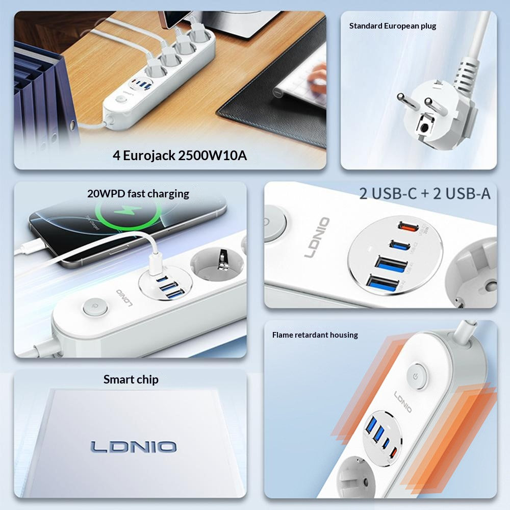 LDNIO SE1-C 20W PD Fast Charging Power Strip 4 EU Plug AC Outlets 4 USB Ports Extension Power Socket for Office Desktop