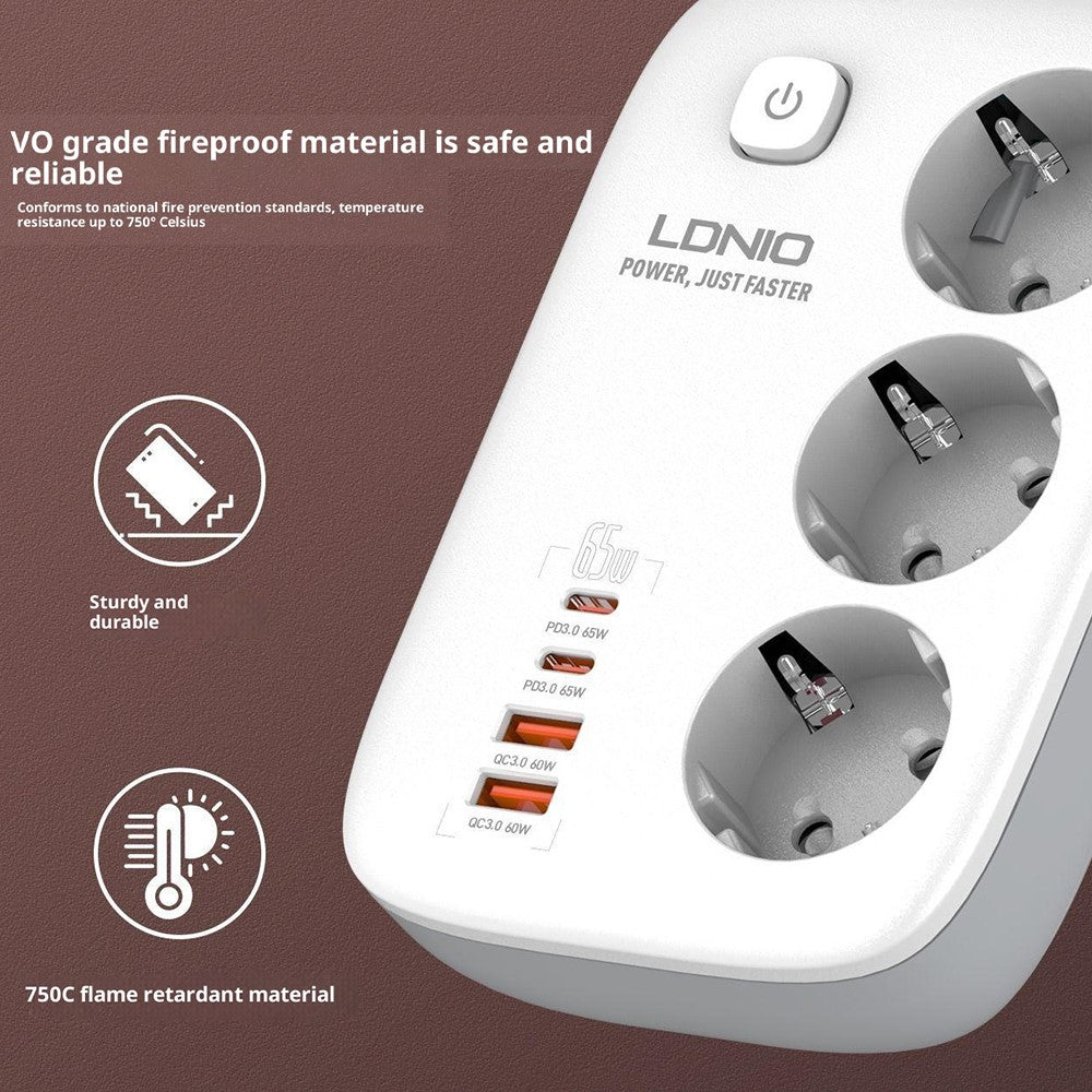 LDNIO SE2 65W PD Fast Charging Power Strip 3 EU Plug AC Outlets 4 USB Ports Desktop Multi-Device Power Socket with 2m Cable