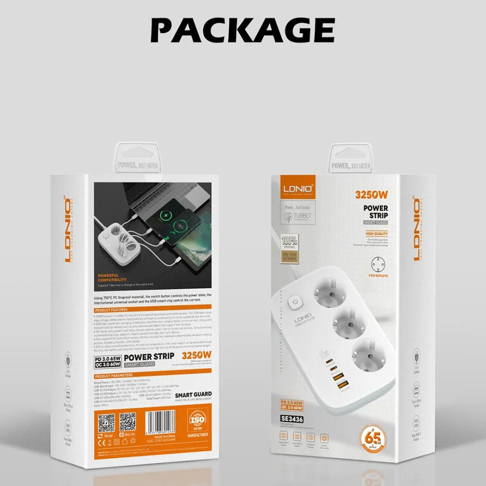LDNIO SE3436 65W GaN Power Strip Fast Charging 3 EU Plug AC Outlets 4 USB Ports Extension Cord Desktop Power Socket