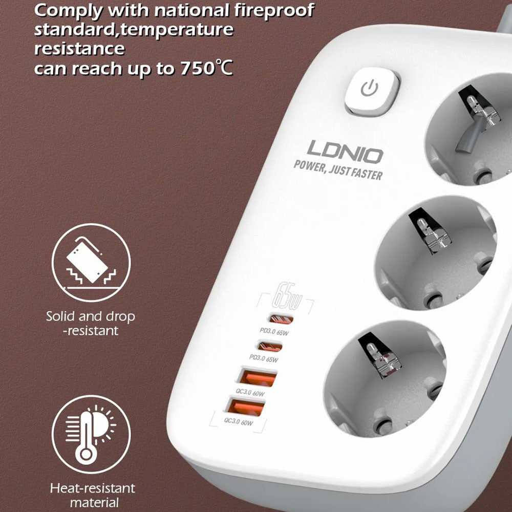 LDNIO SE3436 65W GaN Power Strip Fast Charging 3 EU Plug AC Outlets 4 USB Ports Extension Cord Desktop Power Socket
