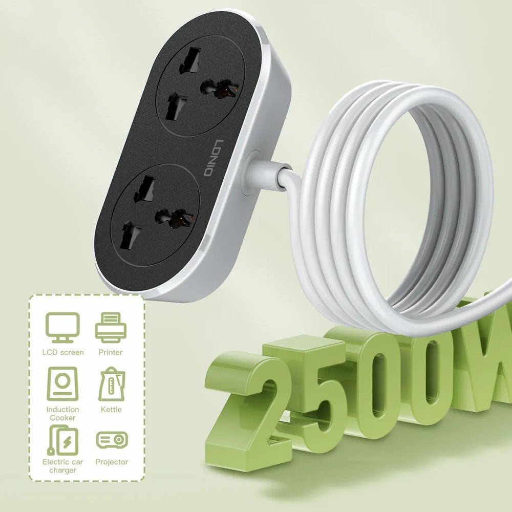 LDNIO SC2018 Power Strip with 10m Extension Cord 2 Universal AC Outlets 2500W Fast Charging Station Power Socket for Home Office