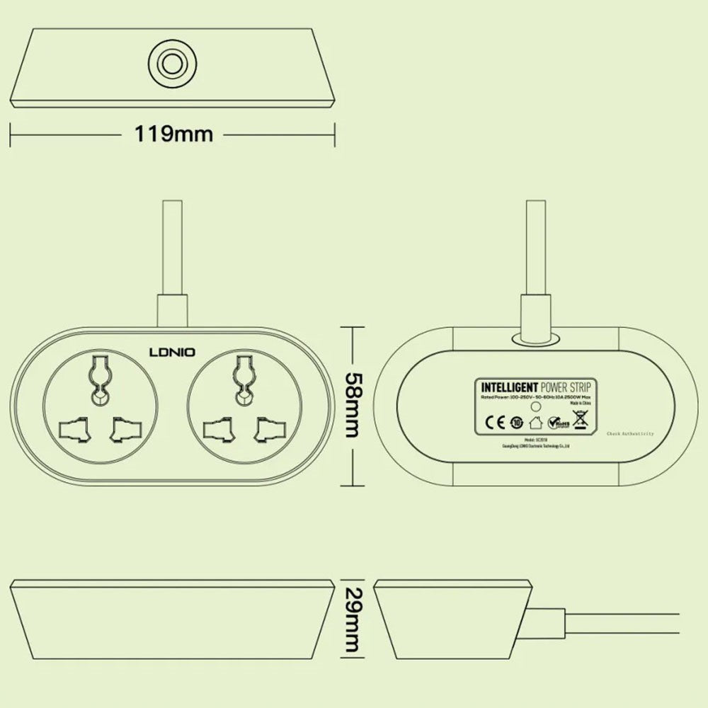LDNIO SC2018 Power Strip with 10m Extension Cord 2 Universal AC Outlets 2500W Fast Charging Station Power Socket for Home Office