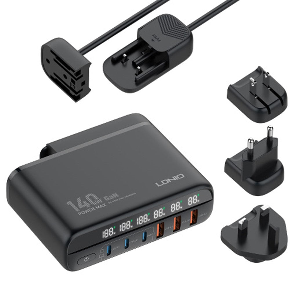 LDNIO A6140C 140W GaN Charger Digital Display  6 USB Ports Fast Charging Station with 3Pcs Replaceable Plugs for Laptop Phone
