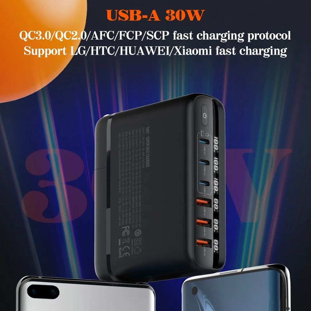 LDNIO A6140C 140W GaN Charger Digital Display  6 USB Ports Fast Charging Station with 3Pcs Replaceable Plugs for Laptop Phone