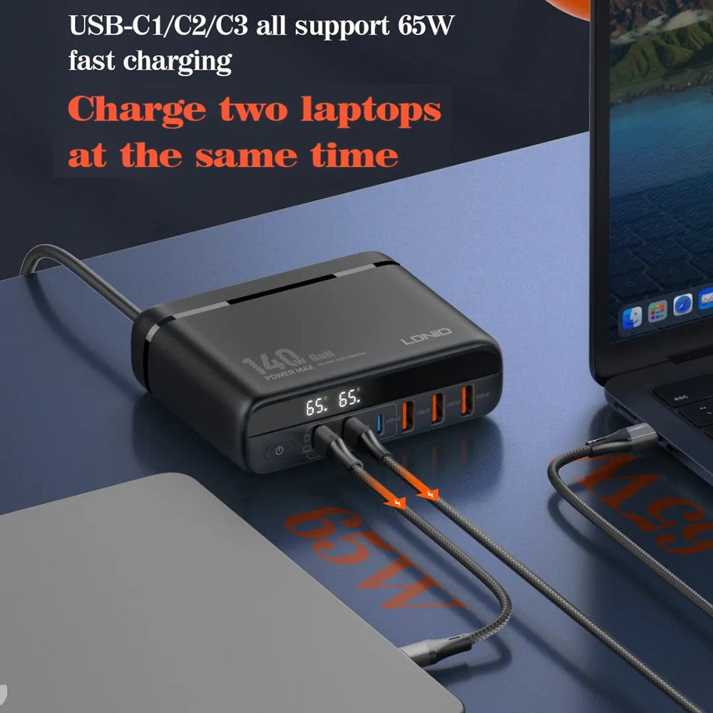 LDNIO A6140C 140W GaN Charger Digital Display  6 USB Ports Fast Charging Station with 3Pcs Replaceable Plugs for Laptop Phone