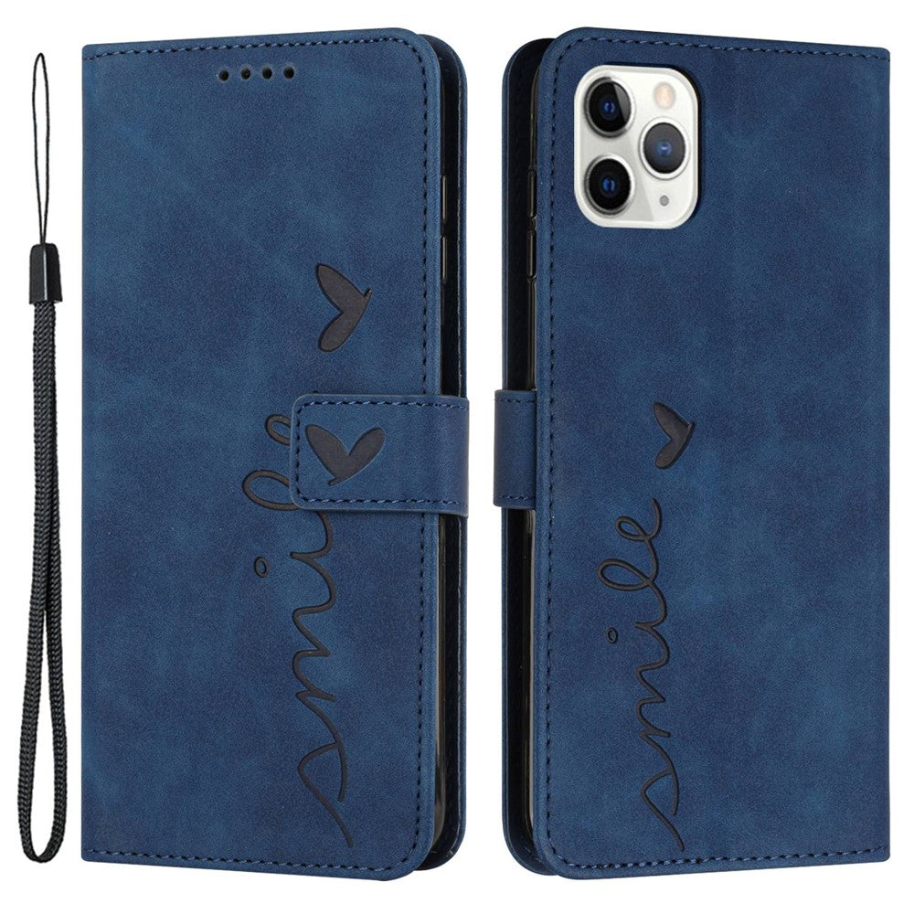 Heart Shape Imprinted Case for iPhone 12 Pro Max 6.7 inch, Skin-touch Feeling PU Leather Stand Wallet Phone Shell with Strap