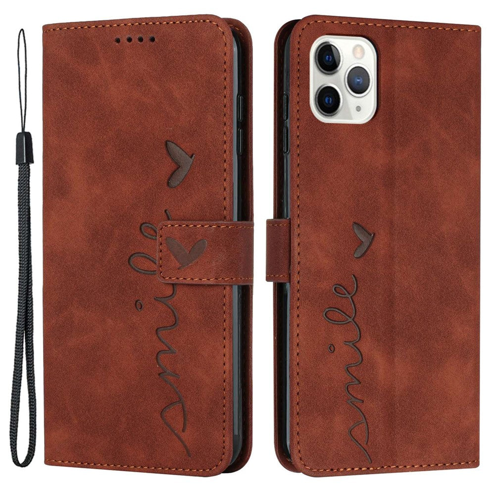 Heart Shape Imprinted Case for iPhone 12 Pro Max 6.7 inch, Skin-touch Feeling PU Leather Stand Wallet Phone Shell with Strap