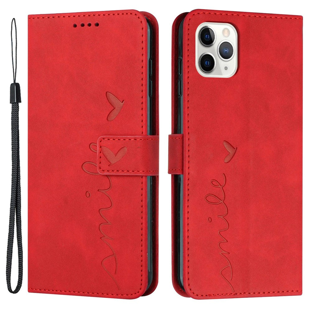 Heart Shape Imprinted Case for iPhone 12 Pro Max 6.7 inch, Skin-touch Feeling PU Leather Stand Wallet Phone Shell with Strap