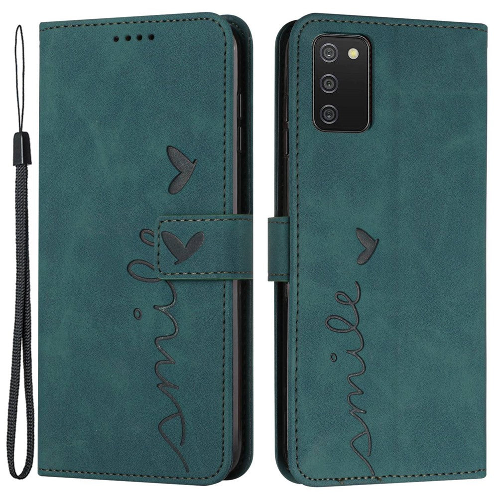 For Samsung Galaxy A03s (166.5mm) PU Leather Cover Skin-touch Feeling Heart Shape Imprint Phone Case Wallet Stand with Strap