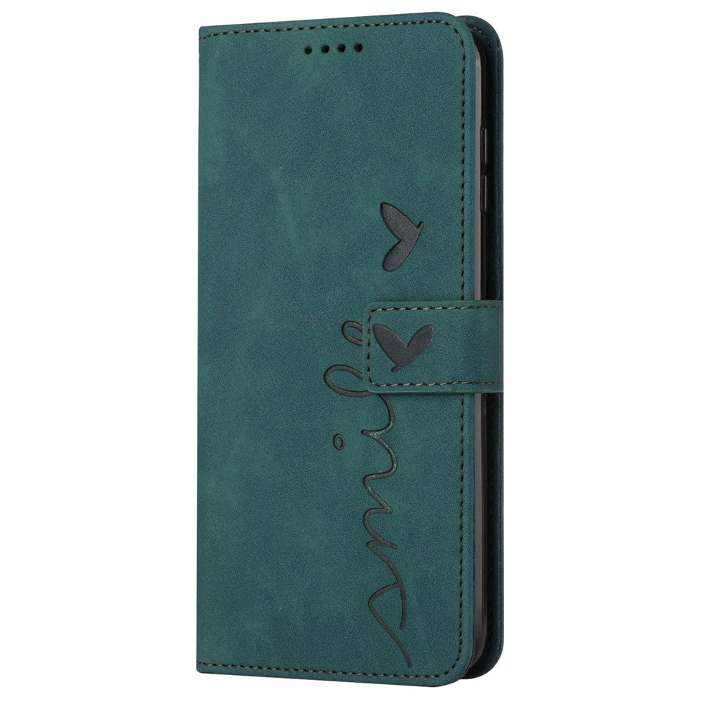 For Samsung Galaxy A03s (166.5mm) PU Leather Cover Skin-touch Feeling Heart Shape Imprint Phone Case Wallet Stand with Strap