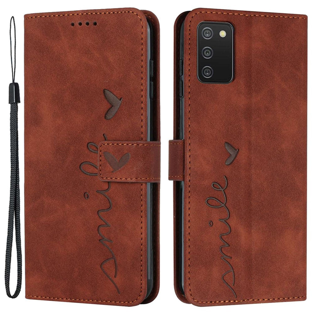 For Samsung Galaxy A03s (164.2mm) Skin-touch Feeling Heart Shape Imprinted Phone Case PU Leather Wallet Stand with Strap