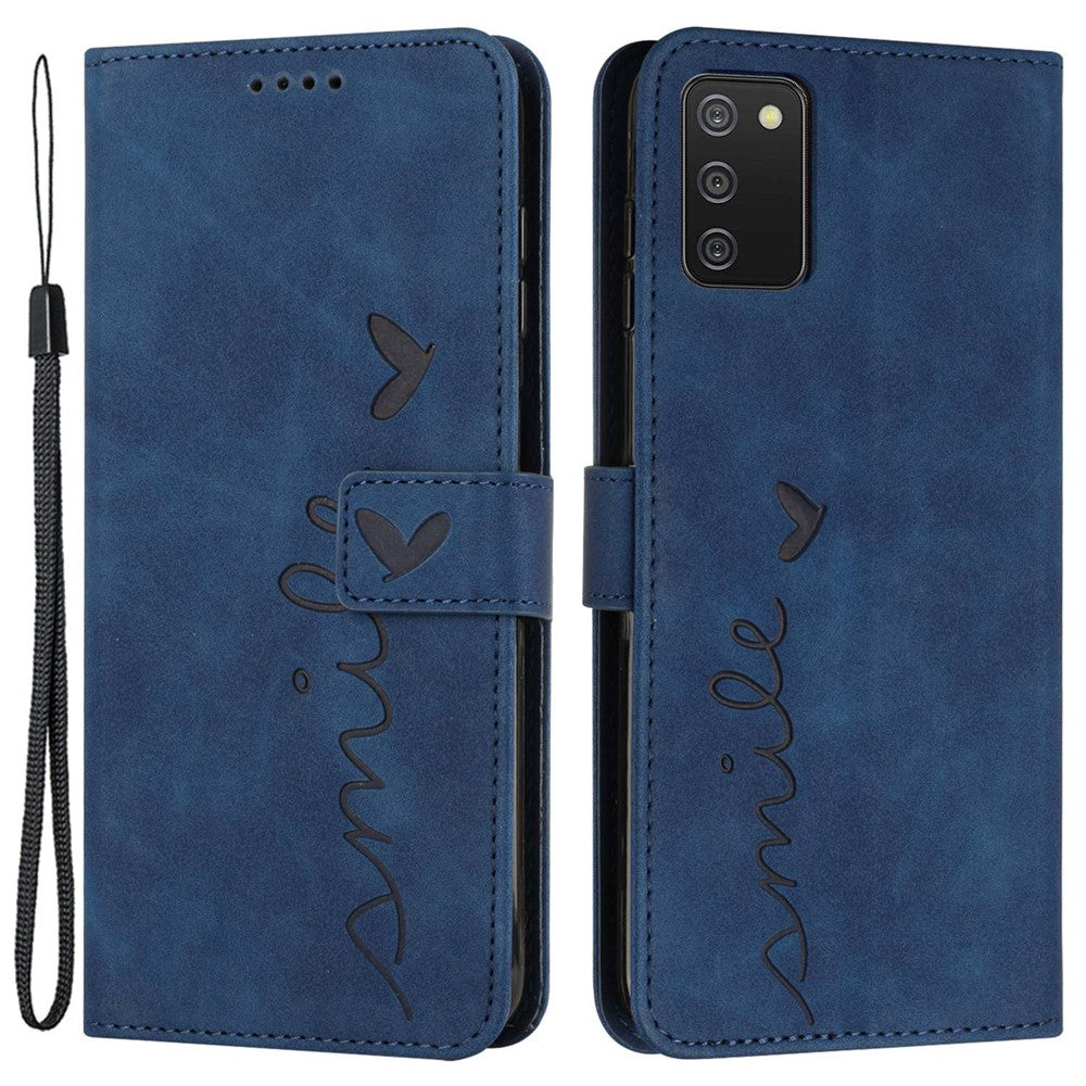 For Samsung Galaxy A03s (164.2mm) Skin-touch Feeling Heart Shape Imprinted Phone Case PU Leather Wallet Stand with Strap
