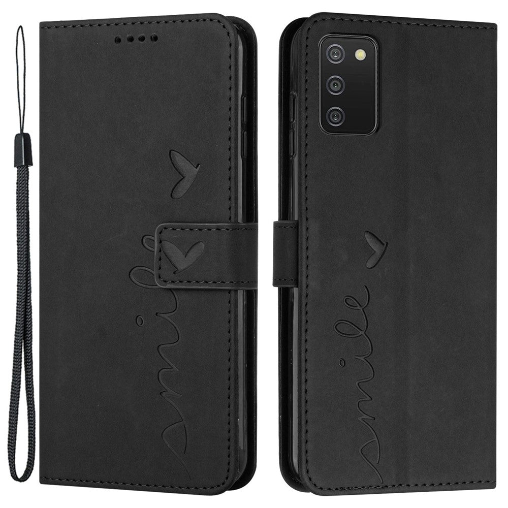 For Samsung Galaxy A03s (164.2mm) Skin-touch Feeling Heart Shape Imprinted Phone Case PU Leather Wallet Stand with Strap
