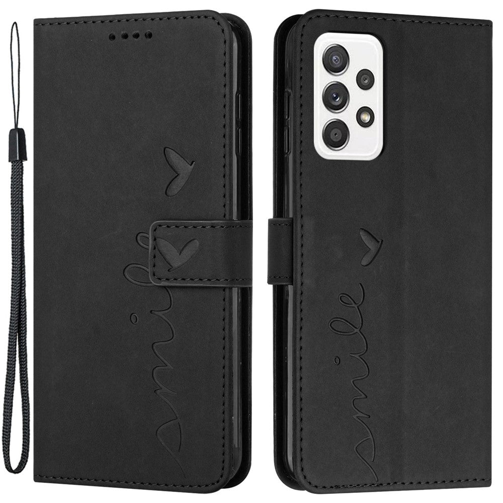 For Samsung Galaxy A73 5G Heart Shape Imprinted Anti-fall Handy Strap Design Case Skin-touch Feeling PU Leather Wallet Stand Flip Phone Shell