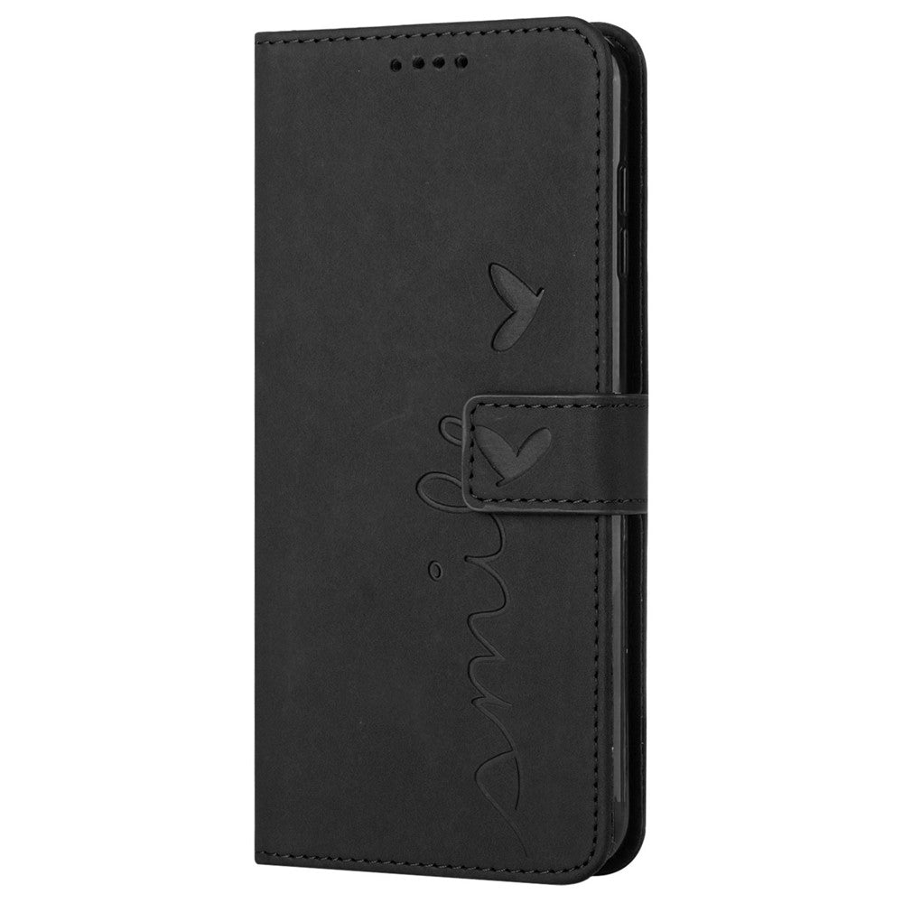 For Samsung Galaxy A73 5G Heart Shape Imprinted Anti-fall Handy Strap Design Case Skin-touch Feeling PU Leather Wallet Stand Flip Phone Shell