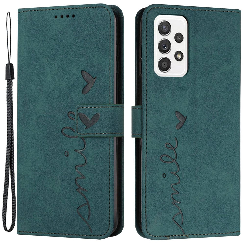 For Samsung Galaxy A73 5G Heart Shape Imprinted Anti-fall Handy Strap Design Case Skin-touch Feeling PU Leather Wallet Stand Flip Phone Shell