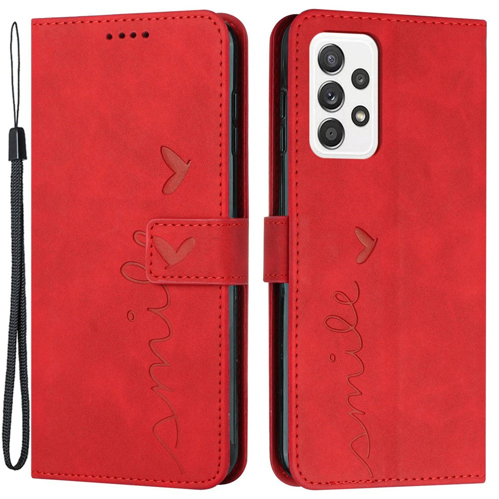 For Samsung Galaxy A73 5G Heart Shape Imprinted Anti-fall Handy Strap Design Case Skin-touch Feeling PU Leather Wallet Stand Flip Phone Shell