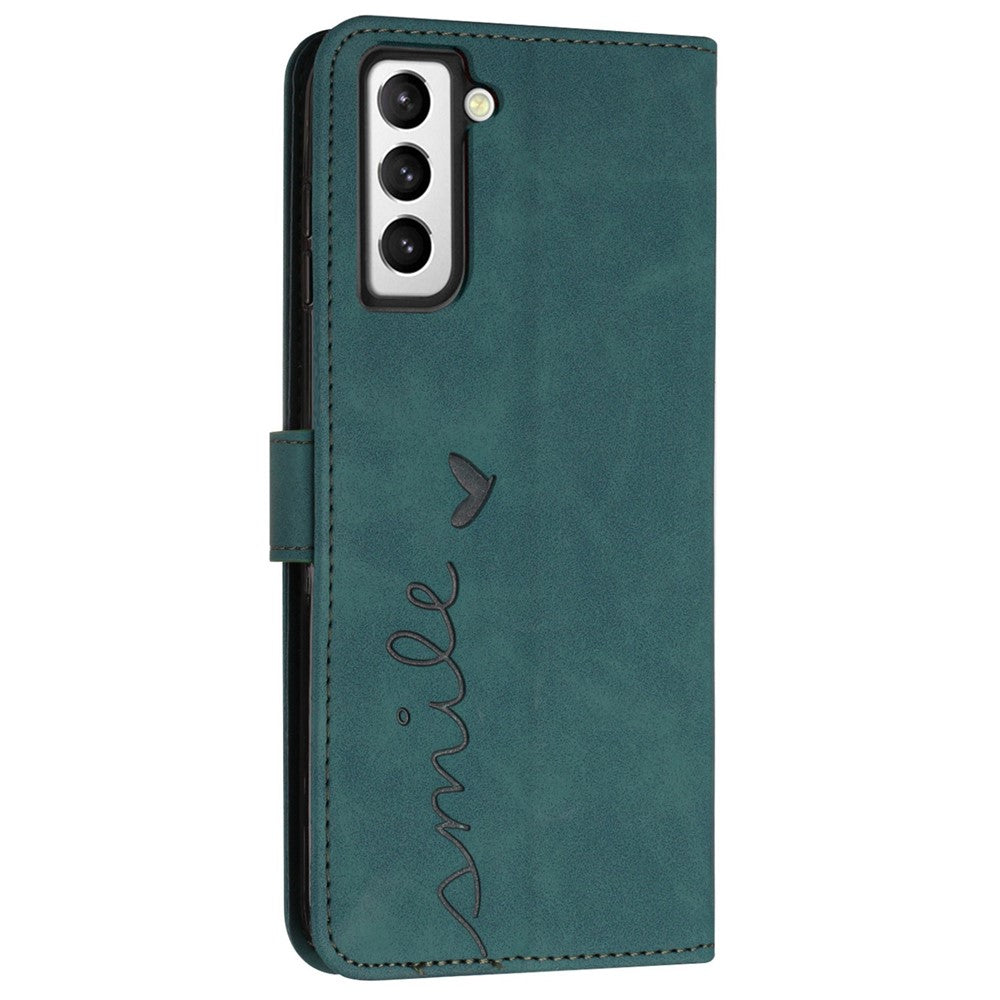 Heart Shape Imprinted Case for Samsung Galaxy S22 5G, Skin-touch Feeling Anti-shock PU Leather Dual-sided Magnetic Clasp Wallet Stand Shell with Strap