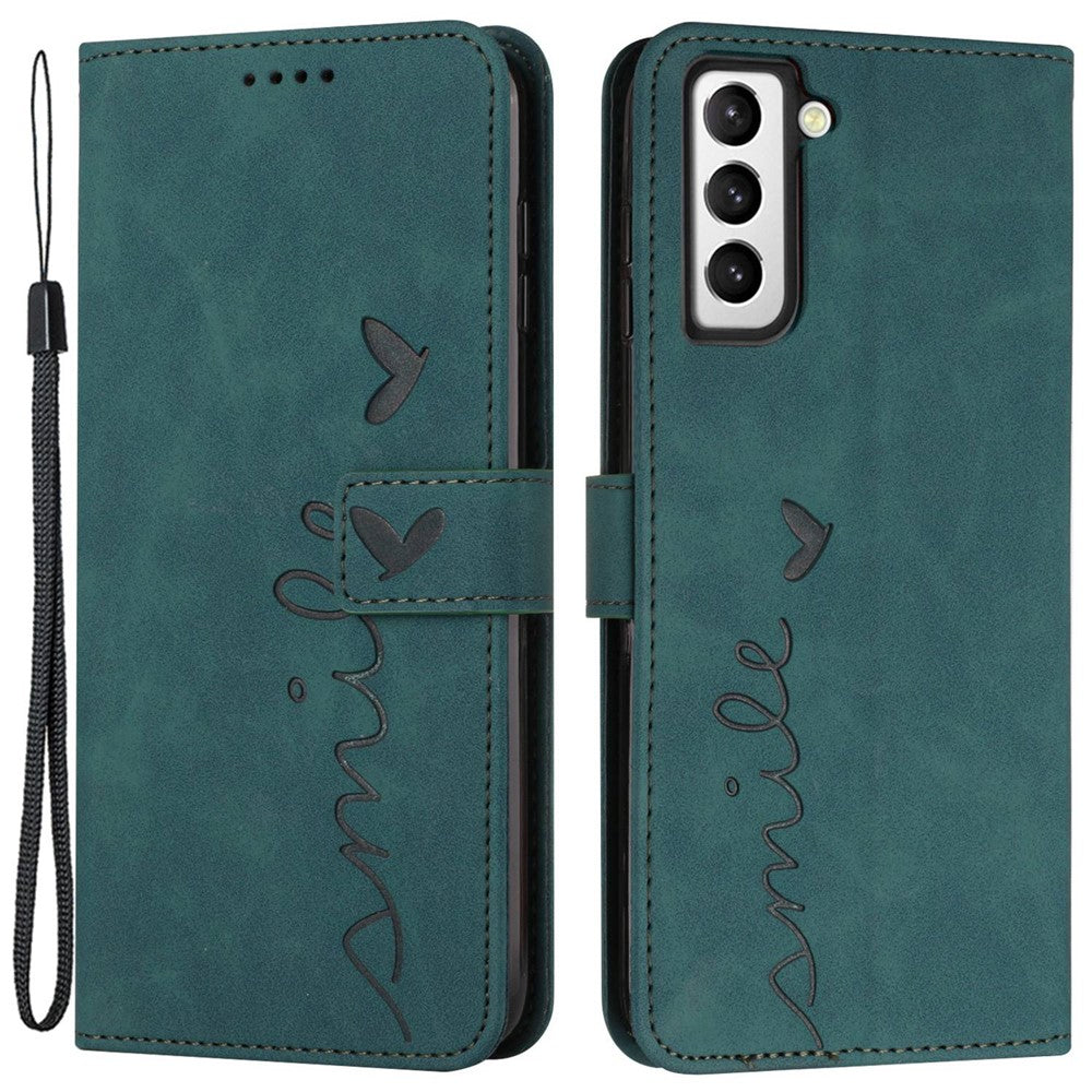 Heart Shape Imprinted Case for Samsung Galaxy S22 5G, Skin-touch Feeling Anti-shock PU Leather Dual-sided Magnetic Clasp Wallet Stand Shell with Strap