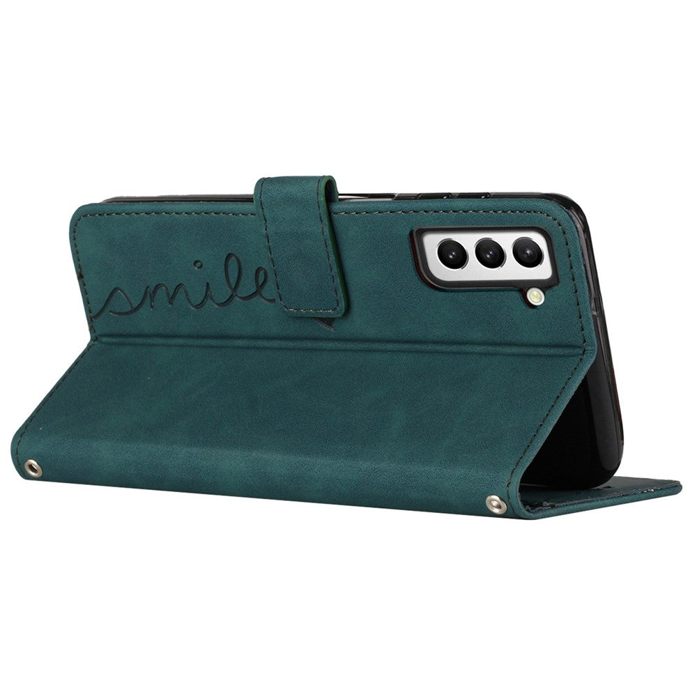 Heart Shape Imprinted Case for Samsung Galaxy S22 5G, Skin-touch Feeling Anti-shock PU Leather Dual-sided Magnetic Clasp Wallet Stand Shell with Strap