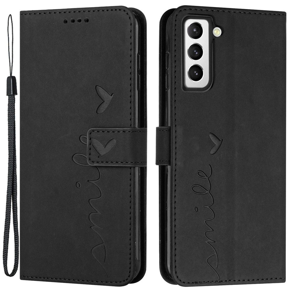 Hjärtformat präglat skal till Samsung Galaxy S22 5G, hudvänlig känsla, stötdämpande, PU-läder, dubbelsidigt magnetiskt spänne, plånboksfodral med rem