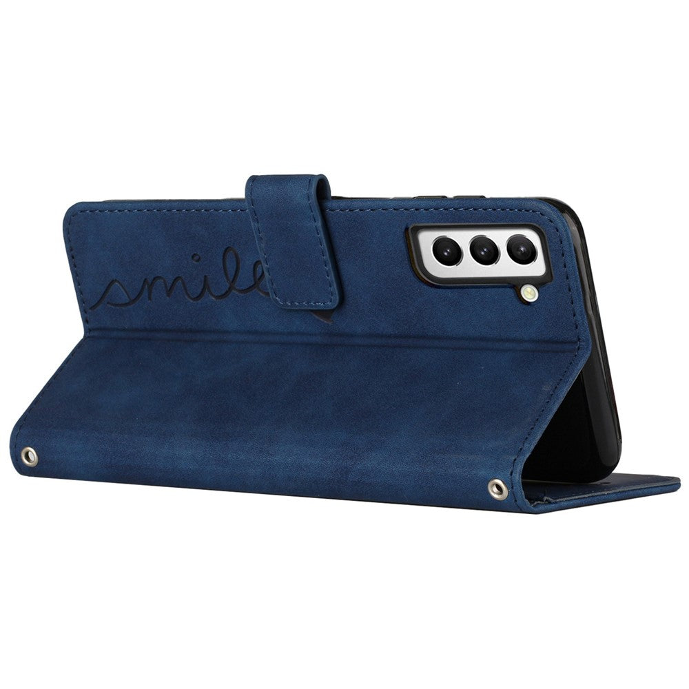 Heart Shape Imprinted Case for Samsung Galaxy S22+ 5G, Dual-sided Magnetic Clasp Skin-touch Feeling PU Leather Wallet Stand Cover with Strap