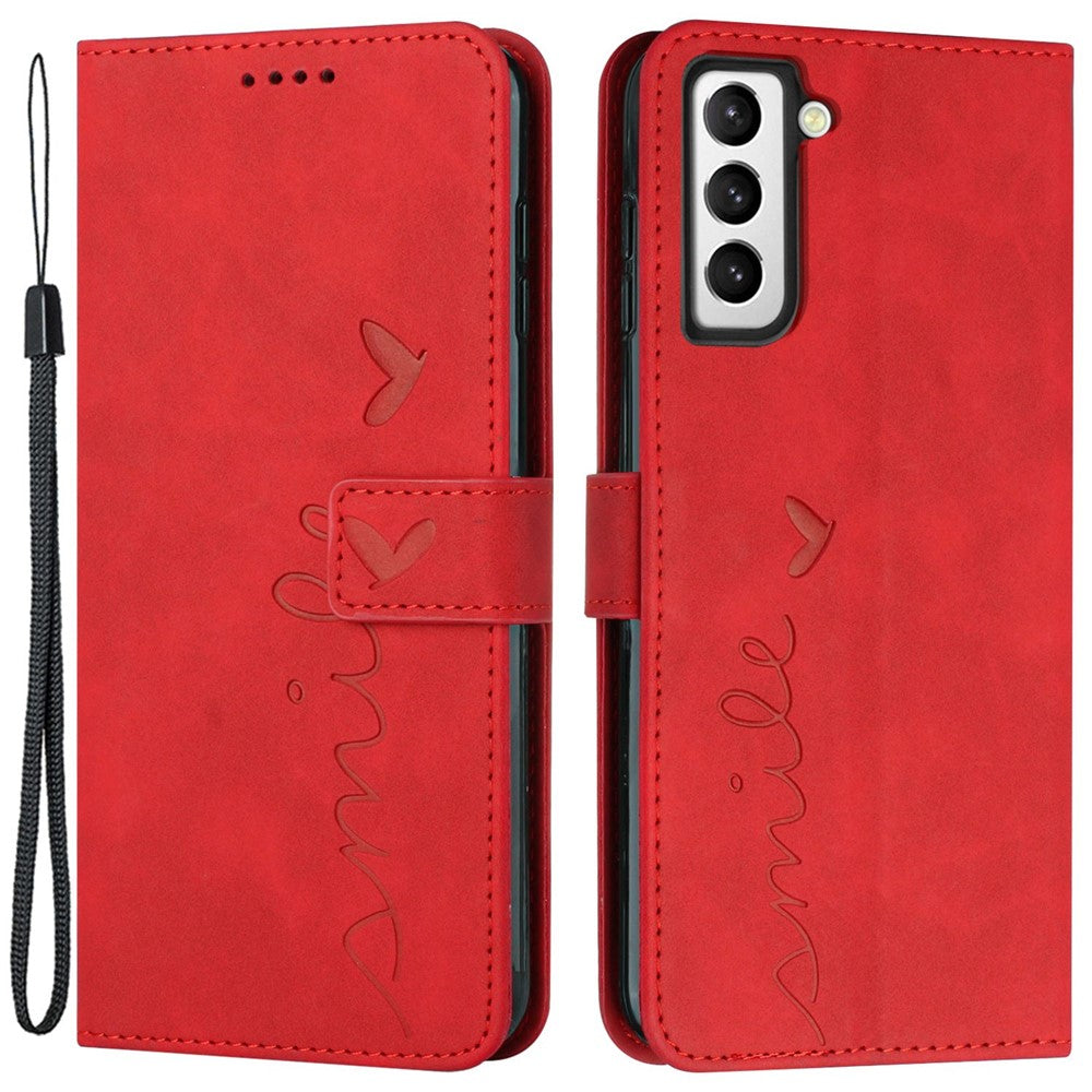 Heart Shape Imprinted Case for Samsung Galaxy S22+ 5G, Dual-sided Magnetic Clasp Skin-touch Feeling PU Leather Wallet Stand Cover with Strap