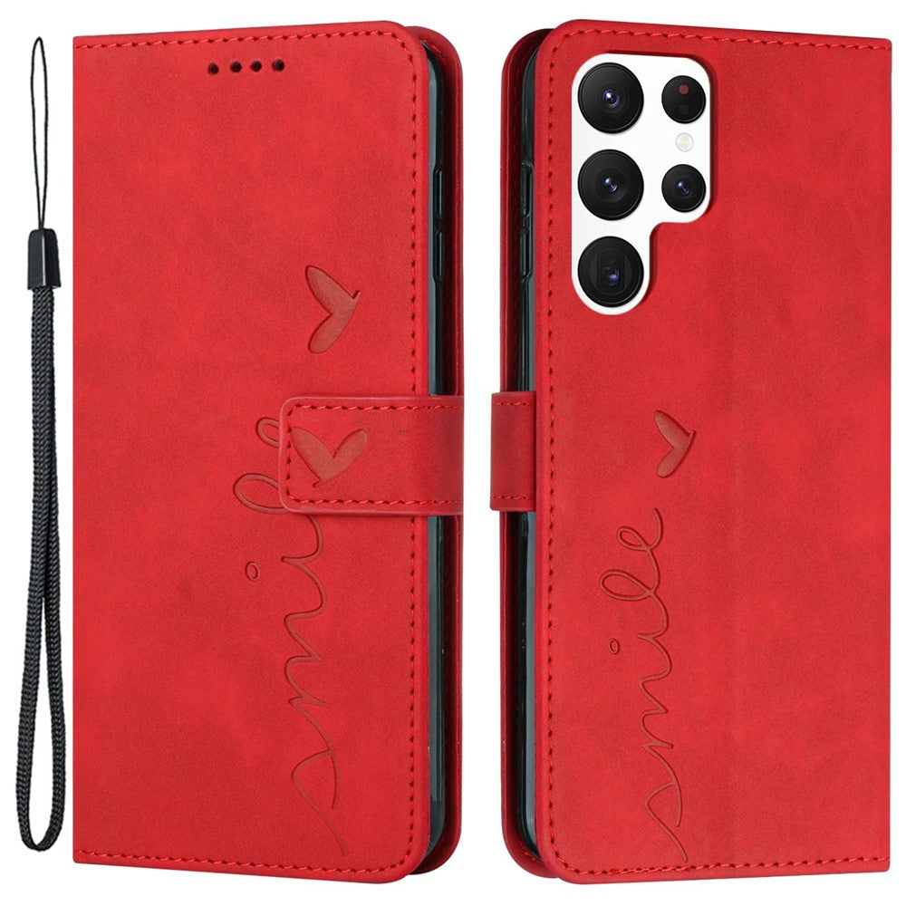 Heart Shape Imprinted Case for Samsung Galaxy S22 Ultra 5G, Anti-shock Phone Case Skin-touch Feeling PU Leather Wallet Stand Design Magnetic Cover with Strap
