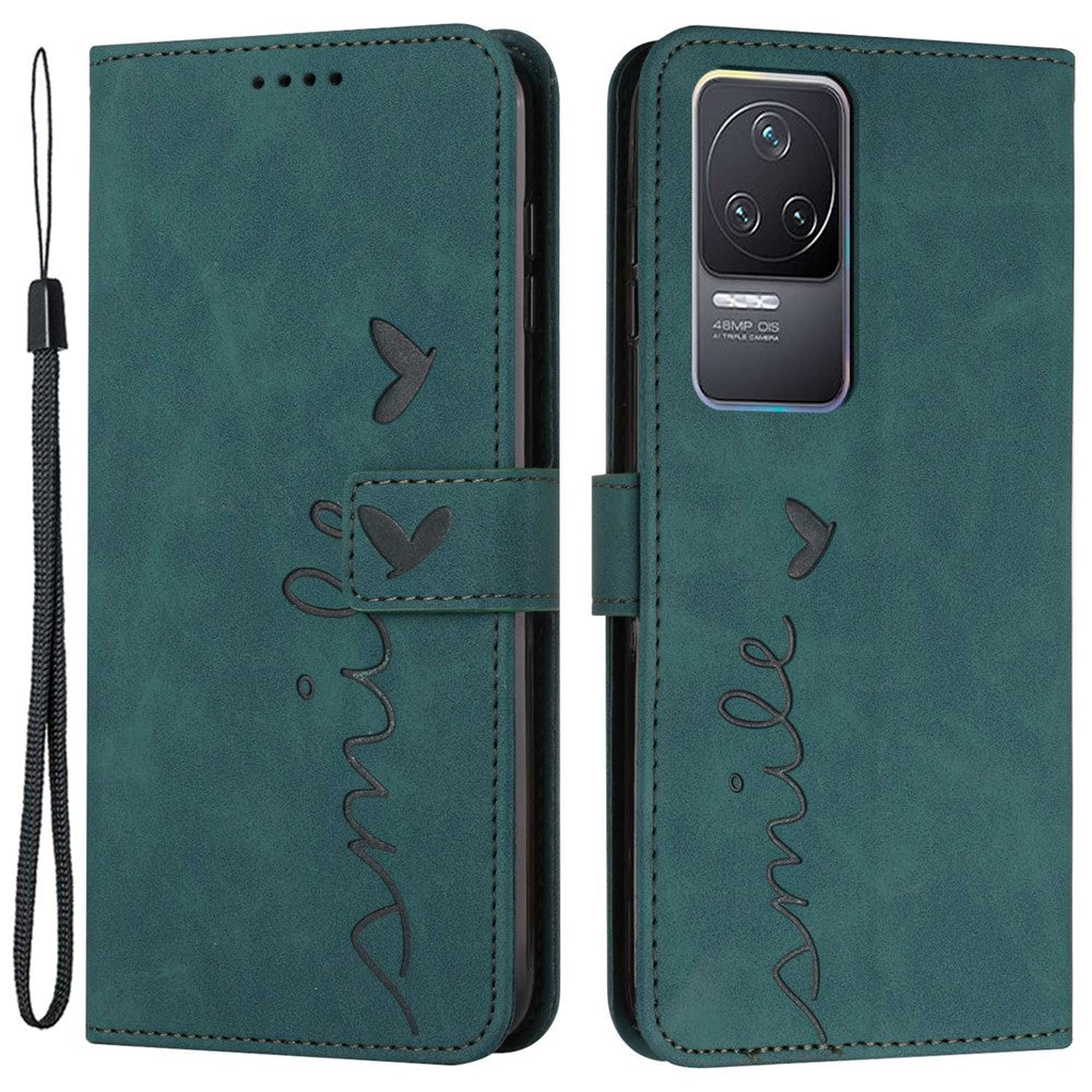 For Xiaomi Redmi K50/K50 Pro Heart Shape Imprinted Anti-scratch Cell Phone Case Skin-touch Feeling PU Leather Wallet Stand Design Cover with Strap